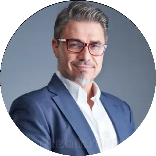 Referência: executivo grisalho de blazer azul e óculos