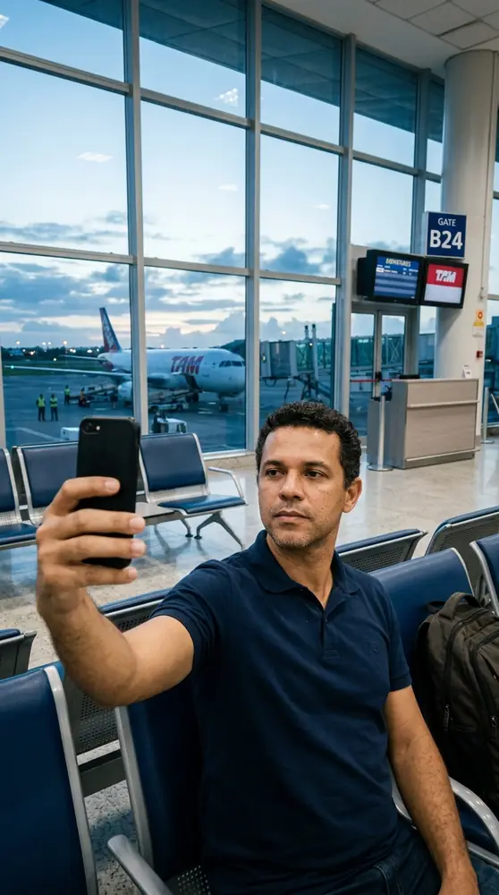 Homem de quarenta e poucos anos sentado sozinho no portão de embarque de um aeroporto ao amanhecer, filmando a si mesmo com o celular na mão esticada.