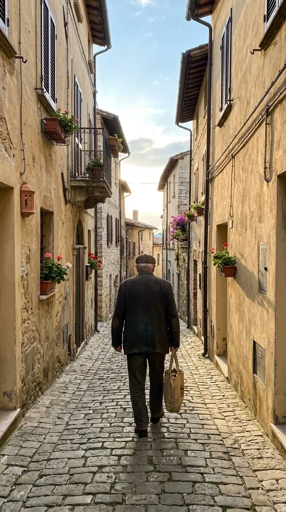 Senhor italiano idoso de boné e casaco caminhando de costas por uma ruela de pedra em uma cidadezinha da Toscana, de manhã.