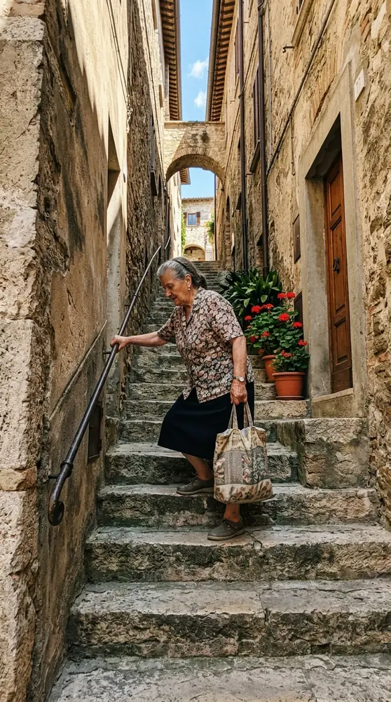 Senhora italiana idosa descendo uma escadaria de pedra estreita e desgastada entre casas antigas, com uma sacola de compras na mão.