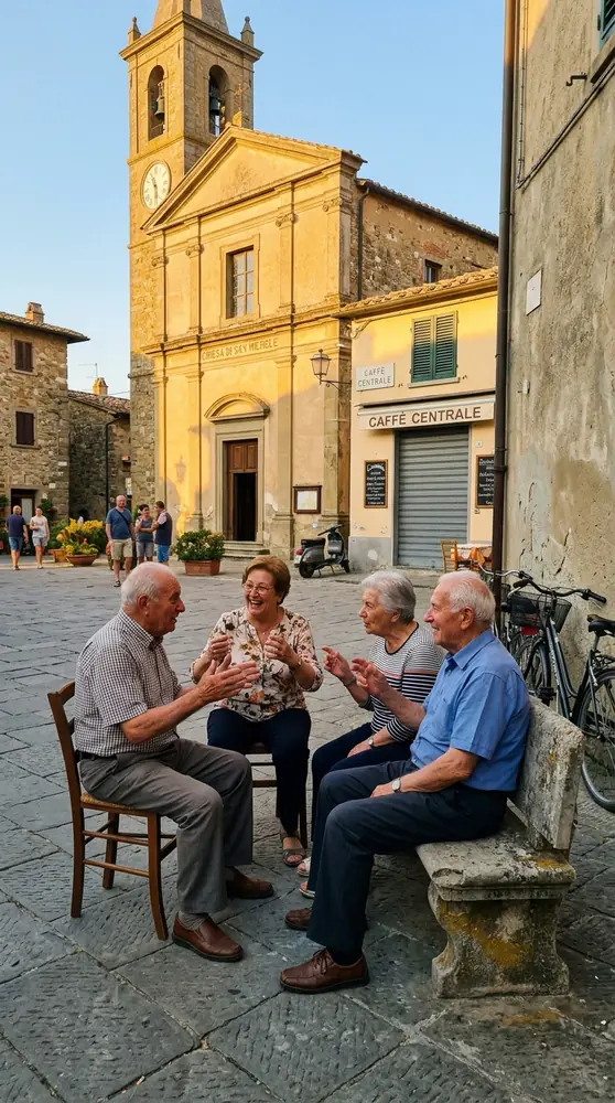 Quatro pessoas idosas conversando animadamente sentadas em um banco de pedra e cadeiras numa pracinha italiana no fim da tarde, com a igreja ao fundo.