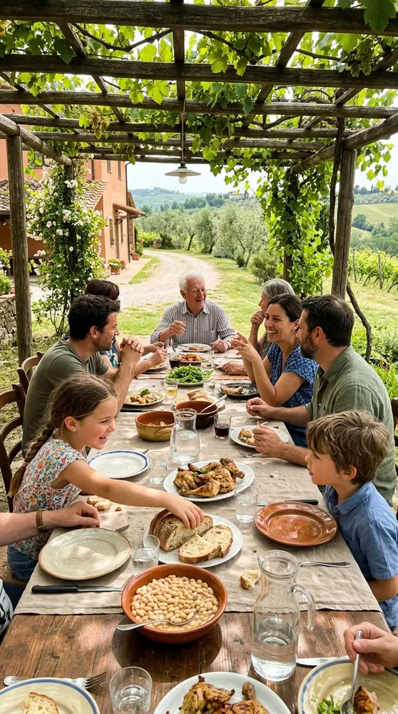 Mesa longa de almoço ao ar livre sob uma pérgula na Toscana, com três gerações da mesma família comendo e conversando.